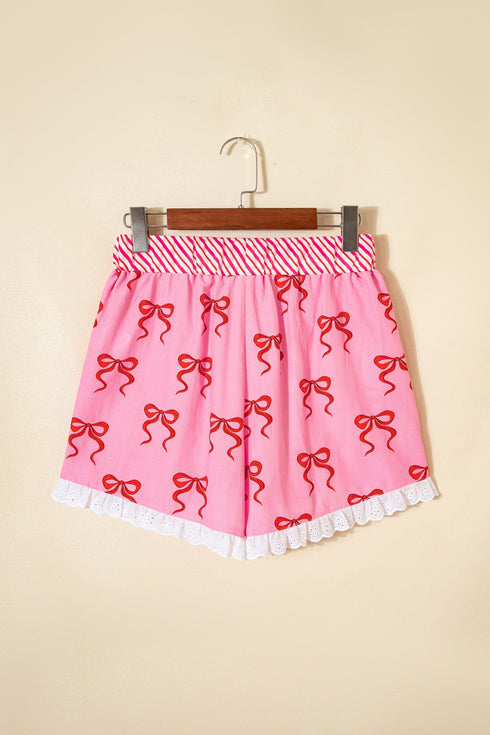 Bow Print Striped Patchwork Lace Trim Casual Shorts