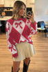 Bow Print Two Tone Rhombus Knit Loose Sweater