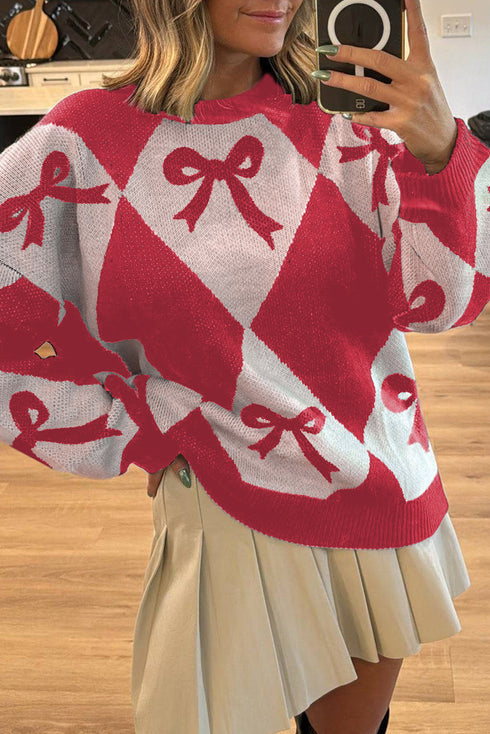 Bow Print Two Tone Rhombus Knit Loose Sweater