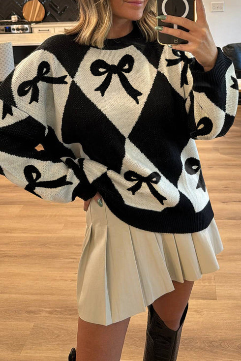 Bow Print Two Tone Rhombus Knit Loose Sweater