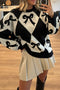 Bow Print Two Tone Rhombus Knit Loose Sweater