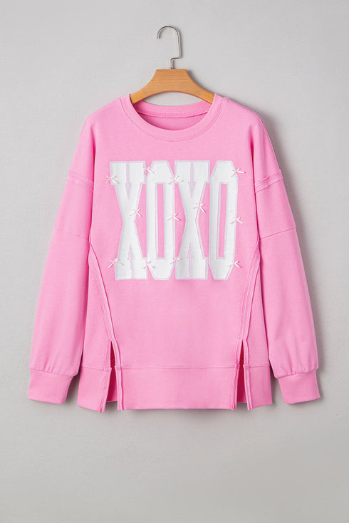 Bow Sequin XOXO Letter Graphic Exposed Seam Baggy Sweatshirt