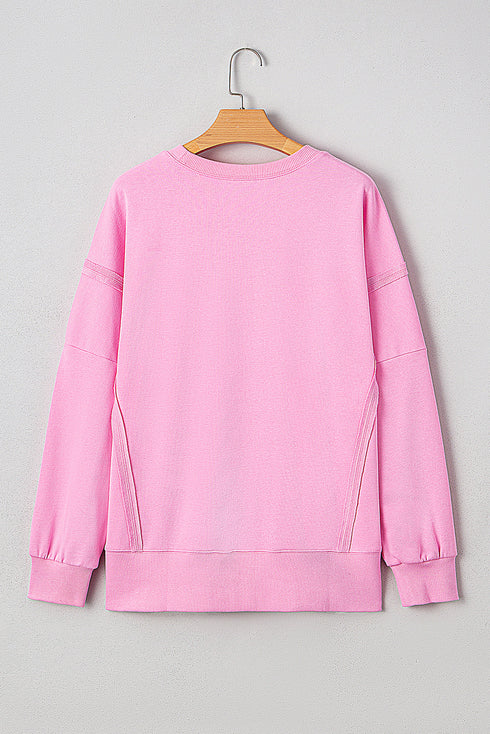 Bow Sequin XOXO Letter Graphic Exposed Seam Baggy Sweatshirt