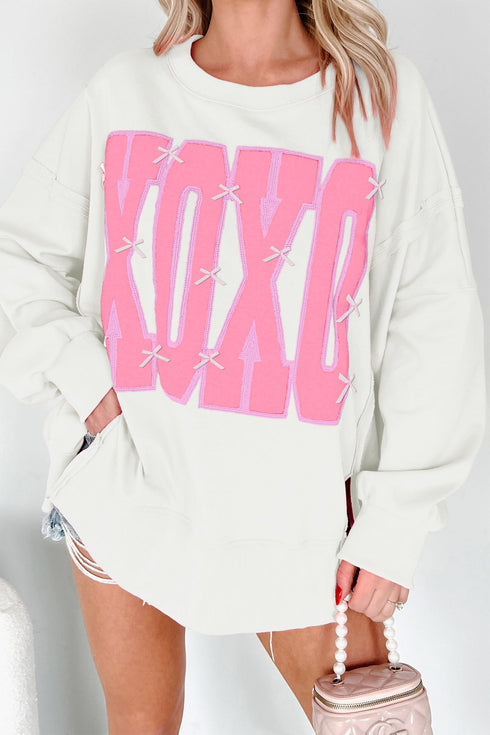 Bow Sequin XOXO Letter Graphic Exposed Seam Baggy Sweatshirt