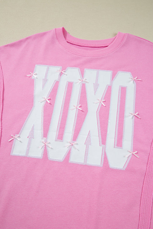 Bow Sequin XOXO Letter Graphic Exposed Seam Baggy Sweatshirt