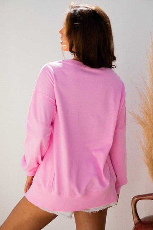 Bow Sequin XOXO Letter Graphic Exposed Seam Baggy Sweatshirt