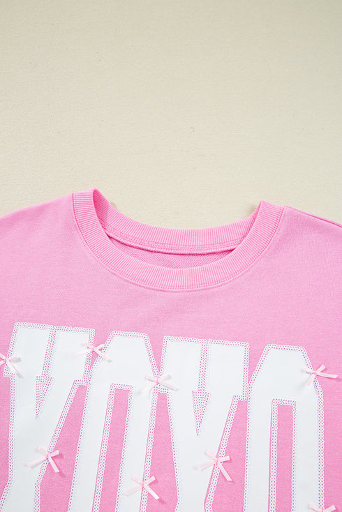 Bow Sequin XOXO Letter Graphic Exposed Seam Baggy Sweatshirt