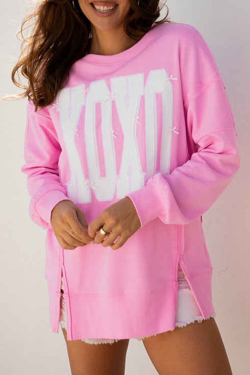 Bow Sequin XOXO Letter Graphic Exposed Seam Baggy Sweatshirt