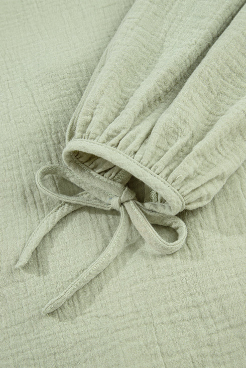 Bow Tie Front Ruffle Trim V Neck Long Sleeve Gauze Blouse