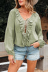 Bow Tie Front Ruffle Trim V Neck Long Sleeve Gauze Blouse