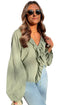 Bow Tie Front Ruffle Trim V Neck Long Sleeve Gauze Blouse