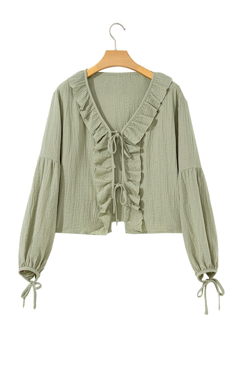 Bow Tie Front Ruffle Trim V Neck Long Sleeve Gauze Blouse