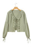 Bow Tie Front Ruffle Trim V Neck Long Sleeve Gauze Blouse
