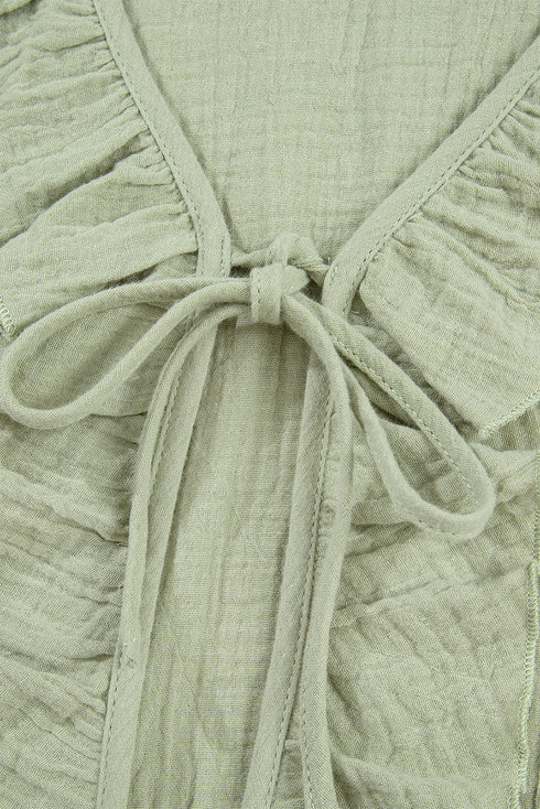 Bow Tie Front Ruffle Trim V Neck Long Sleeve Gauze Blouse