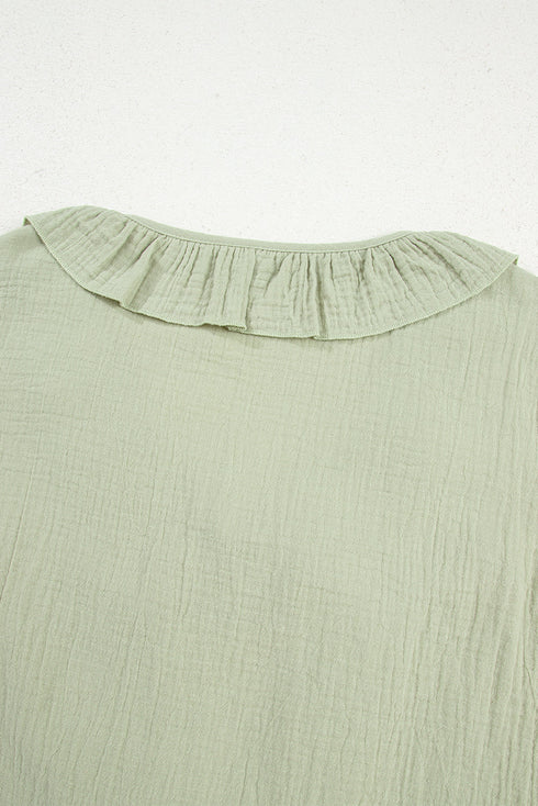 Bow Tie Front Ruffle Trim V Neck Long Sleeve Gauze Blouse