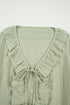 Bow Tie Front Ruffle Trim V Neck Long Sleeve Gauze Blouse