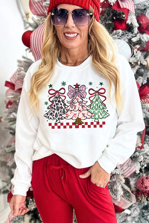 Bow Topped Christmas Trees Graphic Crew Sweatshirt