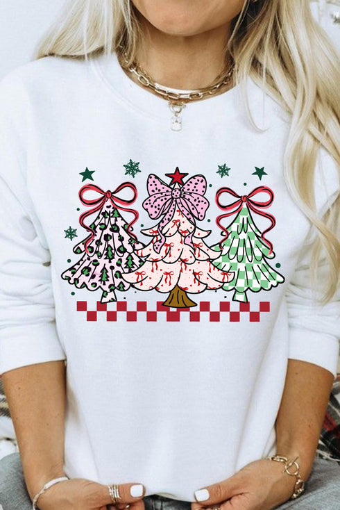Bow Topped Christmas Trees Graphic Crew Sweatshirt