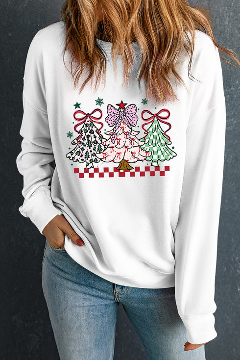 Bow Topped Christmas Trees Graphic Crew Sweatshirt