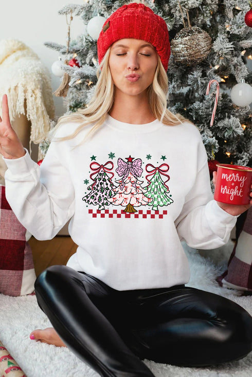 Bow Topped Christmas Trees Graphic Crew Sweatshirt