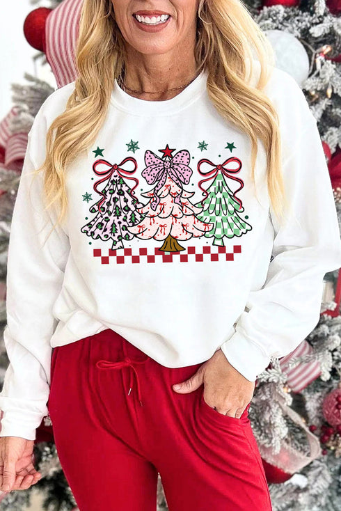 Bow Topped Christmas Trees Graphic Crew Sweatshirt