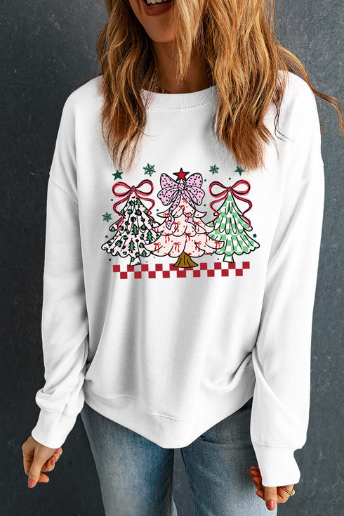 Bow Topped Christmas Trees Graphic Crew Sweatshirt