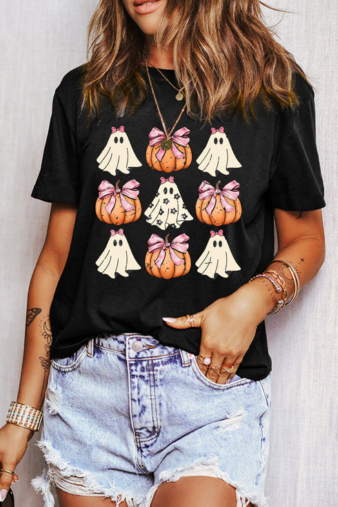 Bowknot Ghost And Pumpkin Graphic Short Sleeve Tee