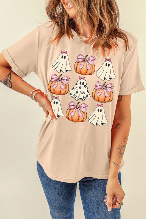 Bowknot Ghost And Pumpkin Graphic Short Sleeve Tee