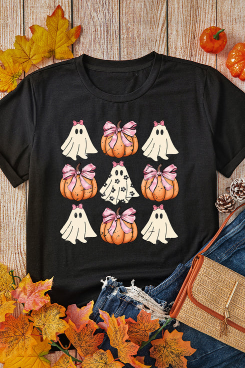 Bowknot Ghost And Pumpkin Graphic Short Sleeve Tee