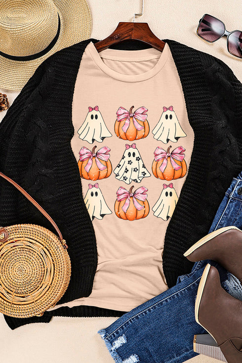 Bowknot Ghost And Pumpkin Graphic Short Sleeve Tee