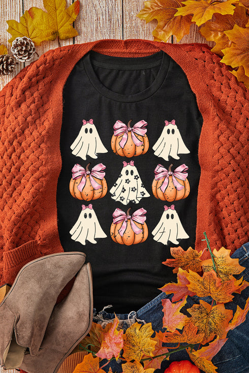 Bowknot Ghost And Pumpkin Graphic Short Sleeve Tee