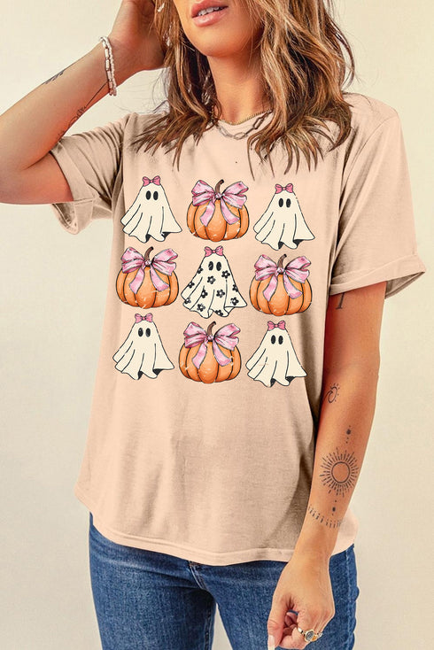 Bowknot Ghost And Pumpkin Graphic Short Sleeve Tee