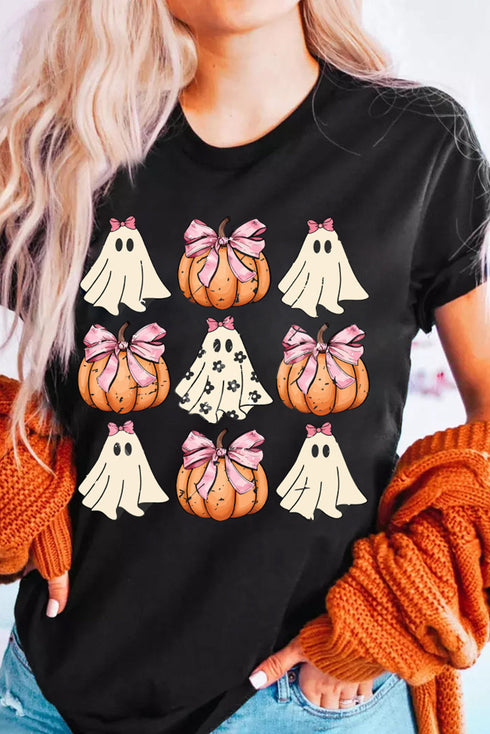 Bowknot Ghost And Pumpkin Graphic Short Sleeve Tee