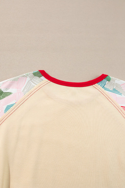 Bowknot Print Raglan Sleeve Contrast Trim Top