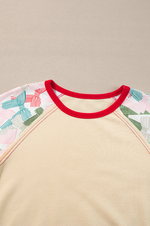 Bowknot Print Raglan Sleeve Contrast Trim Top
