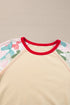 Bowknot Print Raglan Sleeve Contrast Trim Top