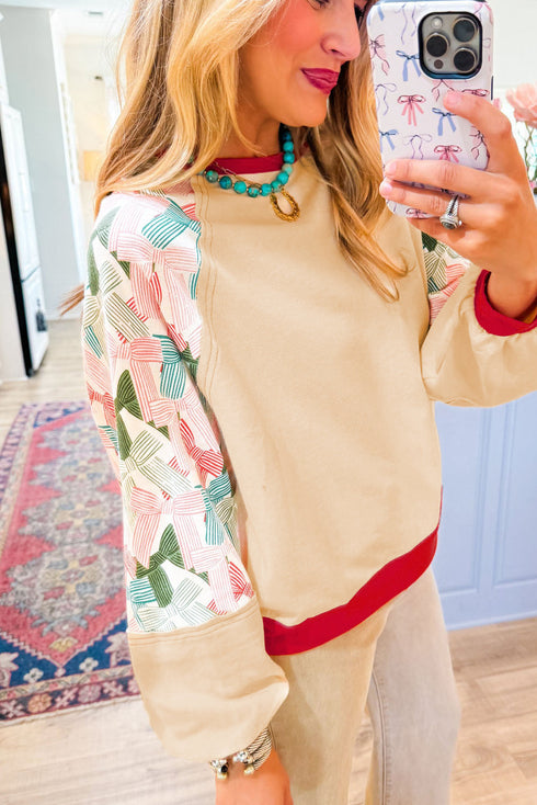 Bowknot Print Raglan Sleeve Contrast Trim Top