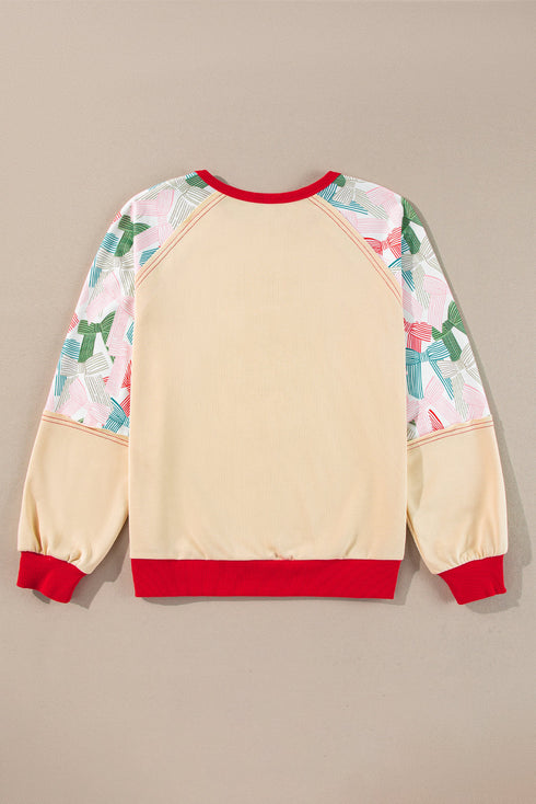 Bowknot Print Raglan Sleeve Contrast Trim Top