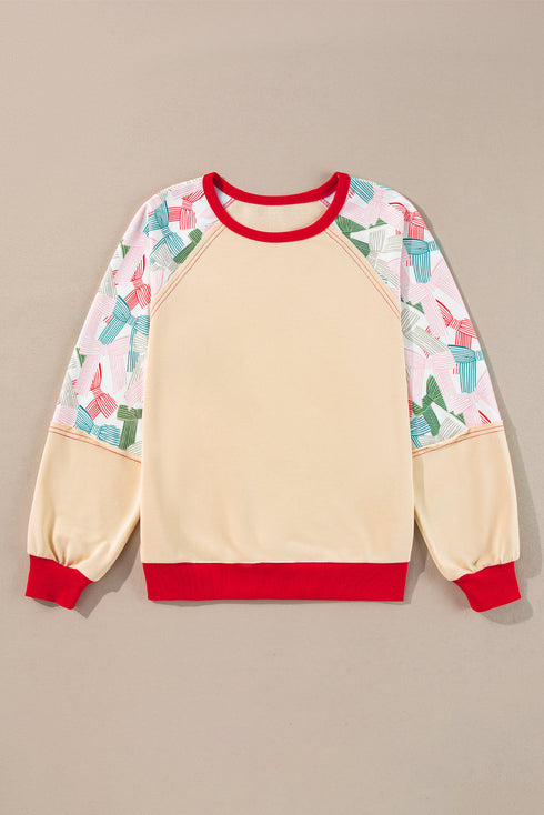 Bowknot Print Raglan Sleeve Contrast Trim Top