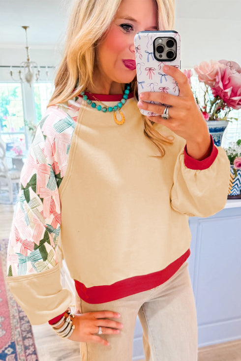 Bowknot Print Raglan Sleeve Contrast Trim Top