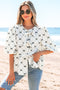 Bowknot Print Tie Front Bubble Sleeve Blouse
