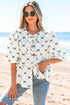 Bowknot Print Tie Front Bubble Sleeve Blouse