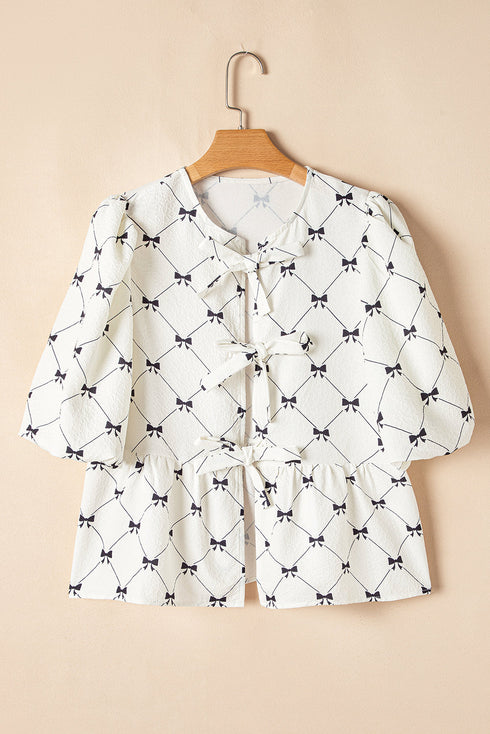 Bowknot Print Tie Front Bubble Sleeve Blouse