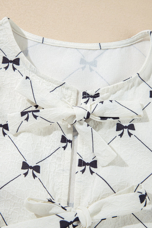 Bowknot Print Tie Front Bubble Sleeve Blouse