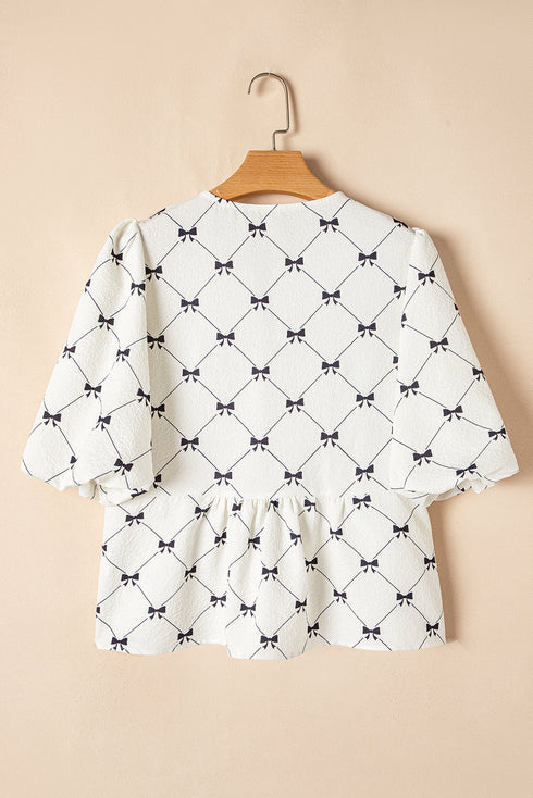 Bowknot Print Tie Front Bubble Sleeve Blouse