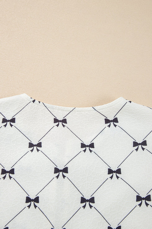Bowknot Print Tie Front Bubble Sleeve Blouse