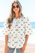 Bowknot Print Tie Front Bubble Sleeve Blouse