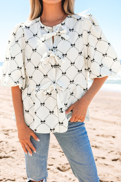 Bowknot Print Tie Front Bubble Sleeve Blouse