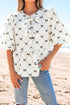 Bowknot Print Tie Front Bubble Sleeve Blouse