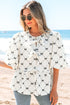 Bowknot Print Tie Front Bubble Sleeve Blouse